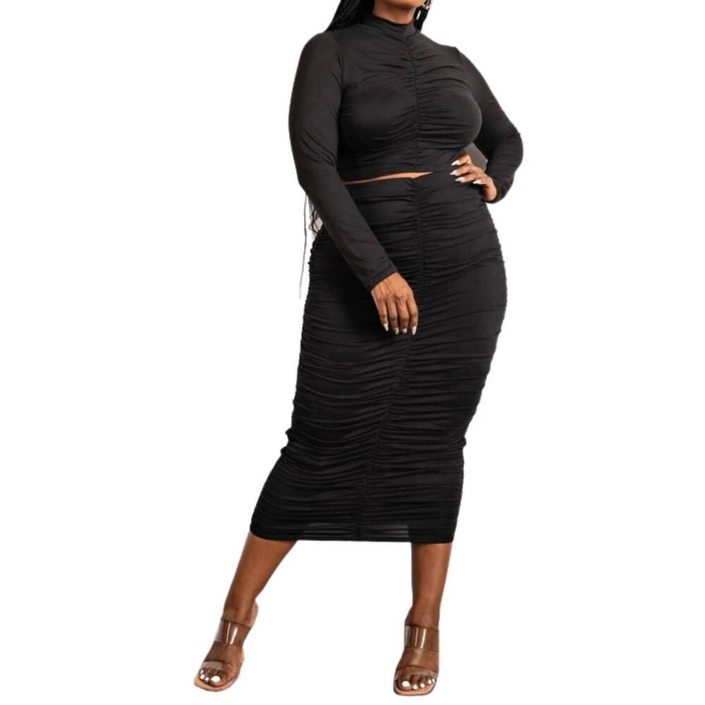 NEW THE CURVE two piece long sleeve ruched top and skirt set in black